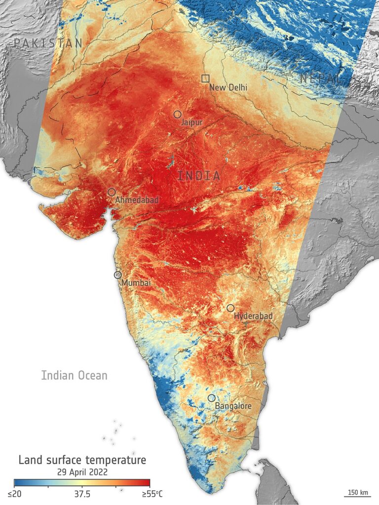 India Heatwave 2026: ESA satellite imagery showing extreme temperatures across northern and central India