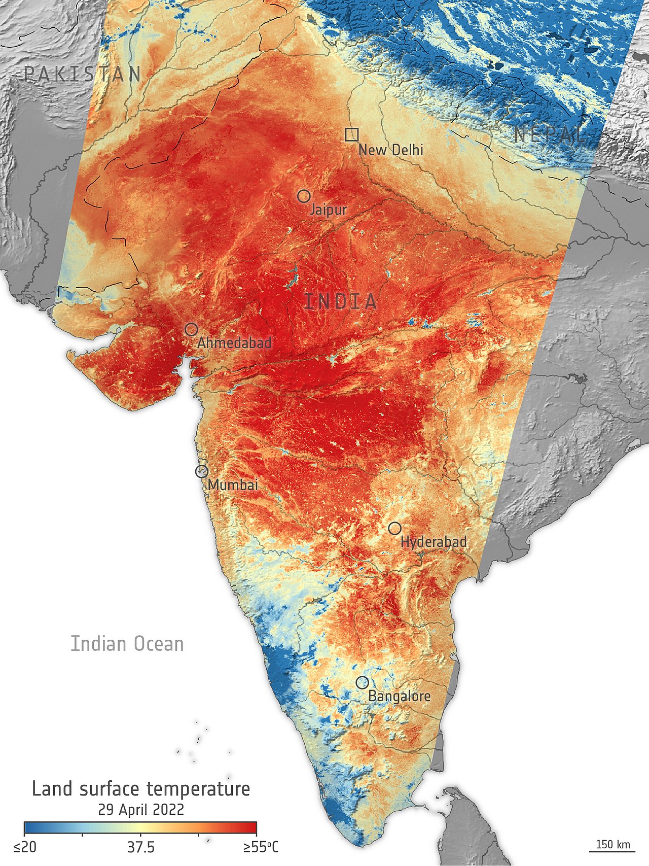 India Heatwave 2026: ESA satellite imagery showing extreme temperatures across northern and central India