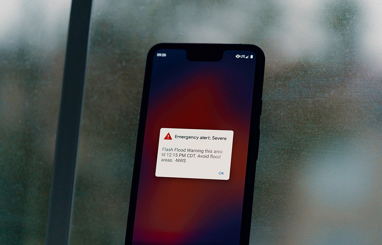 Cell Broadcast Test Alert showing emergency warning on a smartphone screen