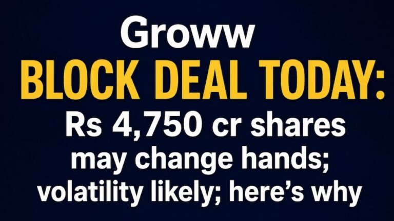 Groww Share Block Deal May 2026 stock chart with red downtrend showing 7 percent fall on NSE