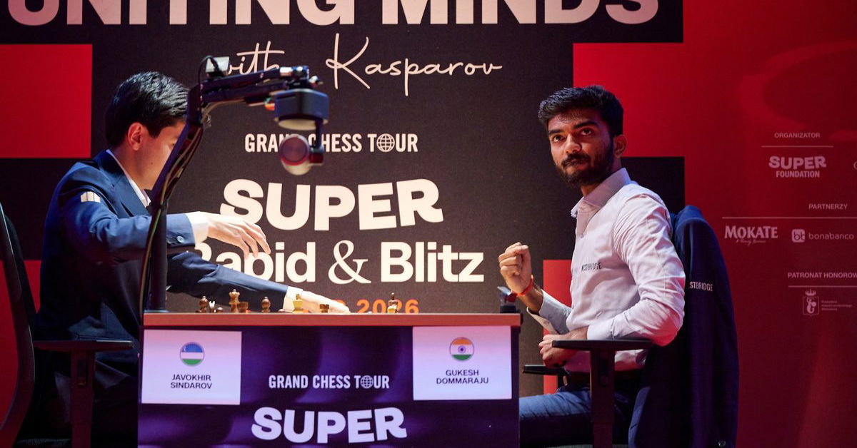 Gukesh vs Sindarov Grand Chess Tour Poland 2026 fist pump celebration